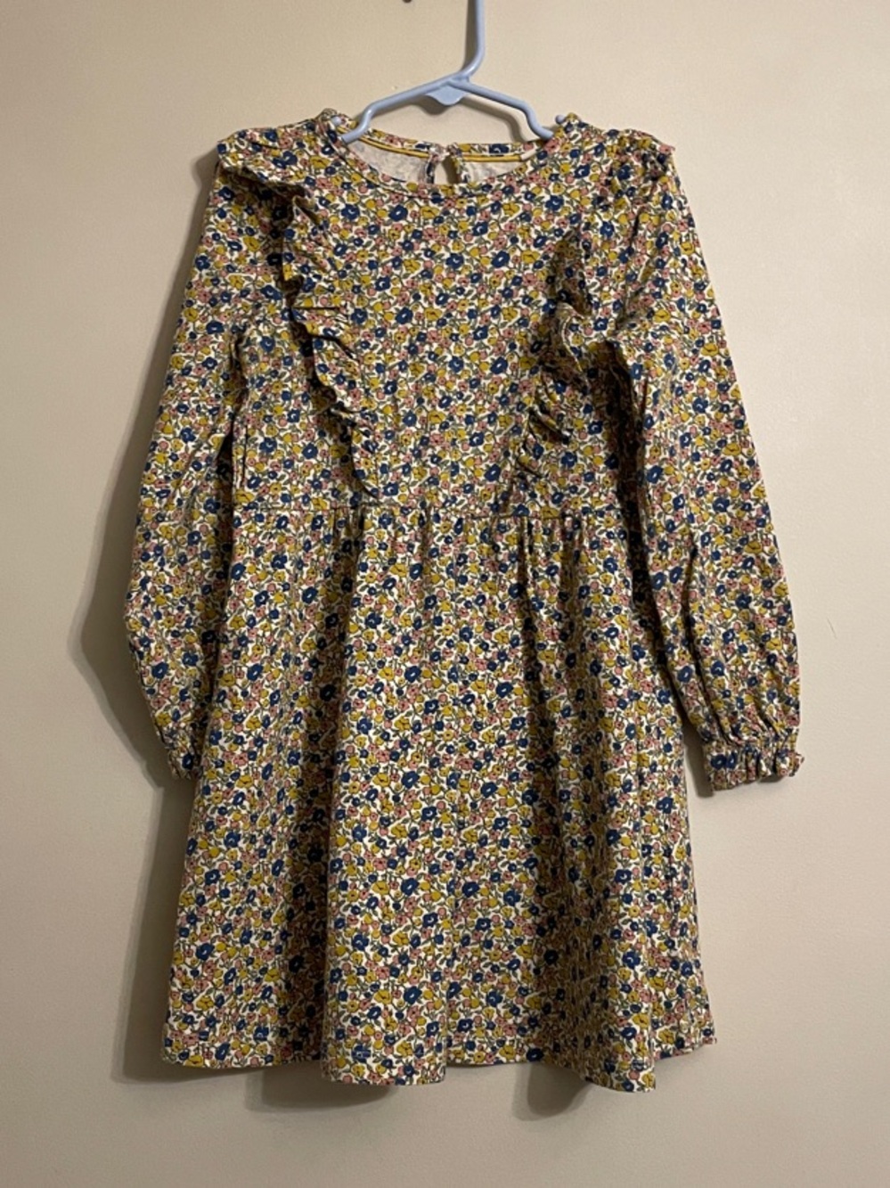 Mini Boden Yellow Floral Ruffle-Front Dress with Navy Accents